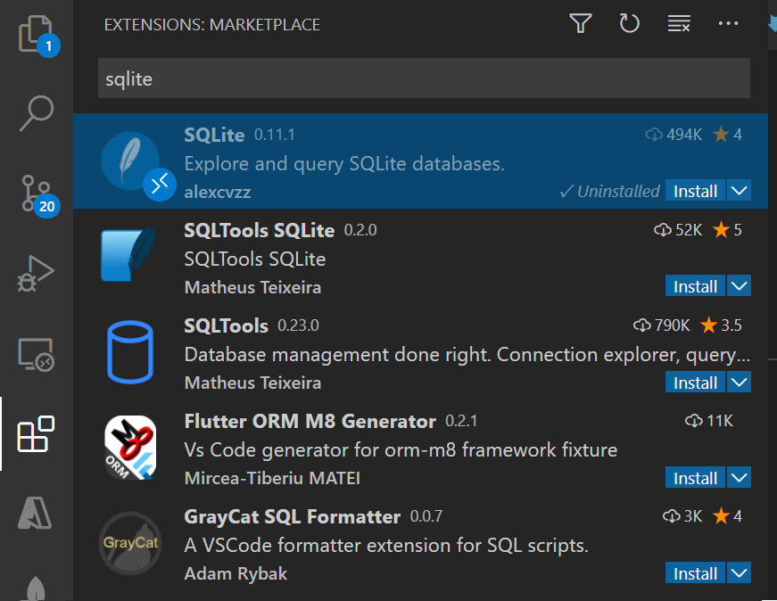 显示包含 SQLite 的“扩展”窗格的屏幕截图。