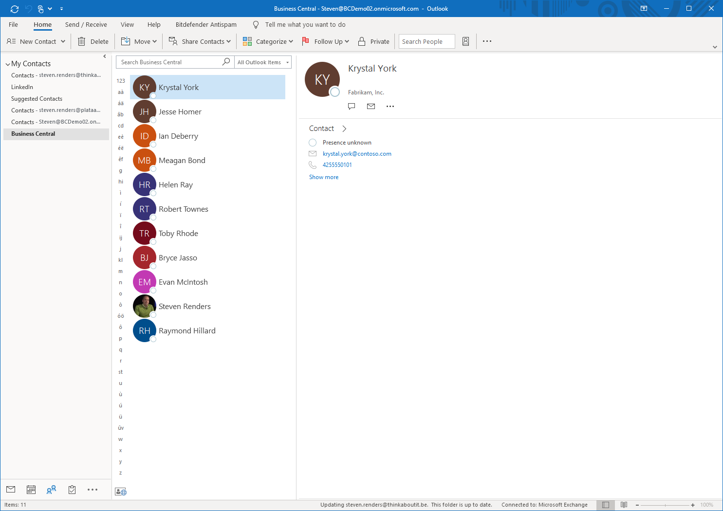 Microsoft Outlook 中“我的联系人”的屏幕截图。