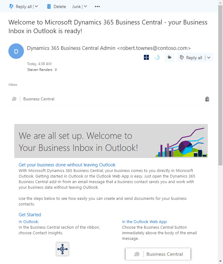Outlook 电子邮件欢迎窗口的屏幕截图。