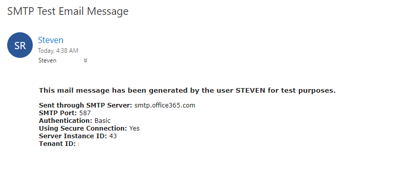 SMTP 测试电子邮件示例的屏幕截图。