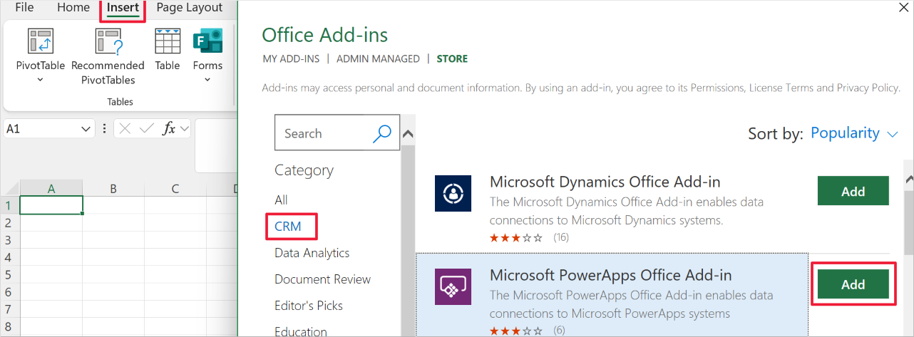 Microsoft Excel 的屏幕截图,显示了“插入”菜单下的“获取加载项”选项和 Microsoft PowerApps“Office 加载项”选项。