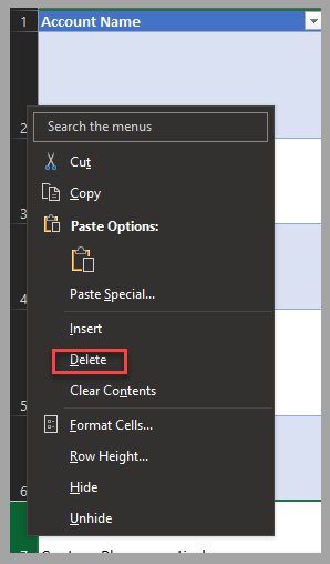 Excel 电子表格的屏幕截图，显示“删除”选项。