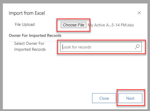 “从 Excel 导入”表单的屏幕截图，其中突出显示了“选择文件”、所有者查找字段和“下一步”选项。