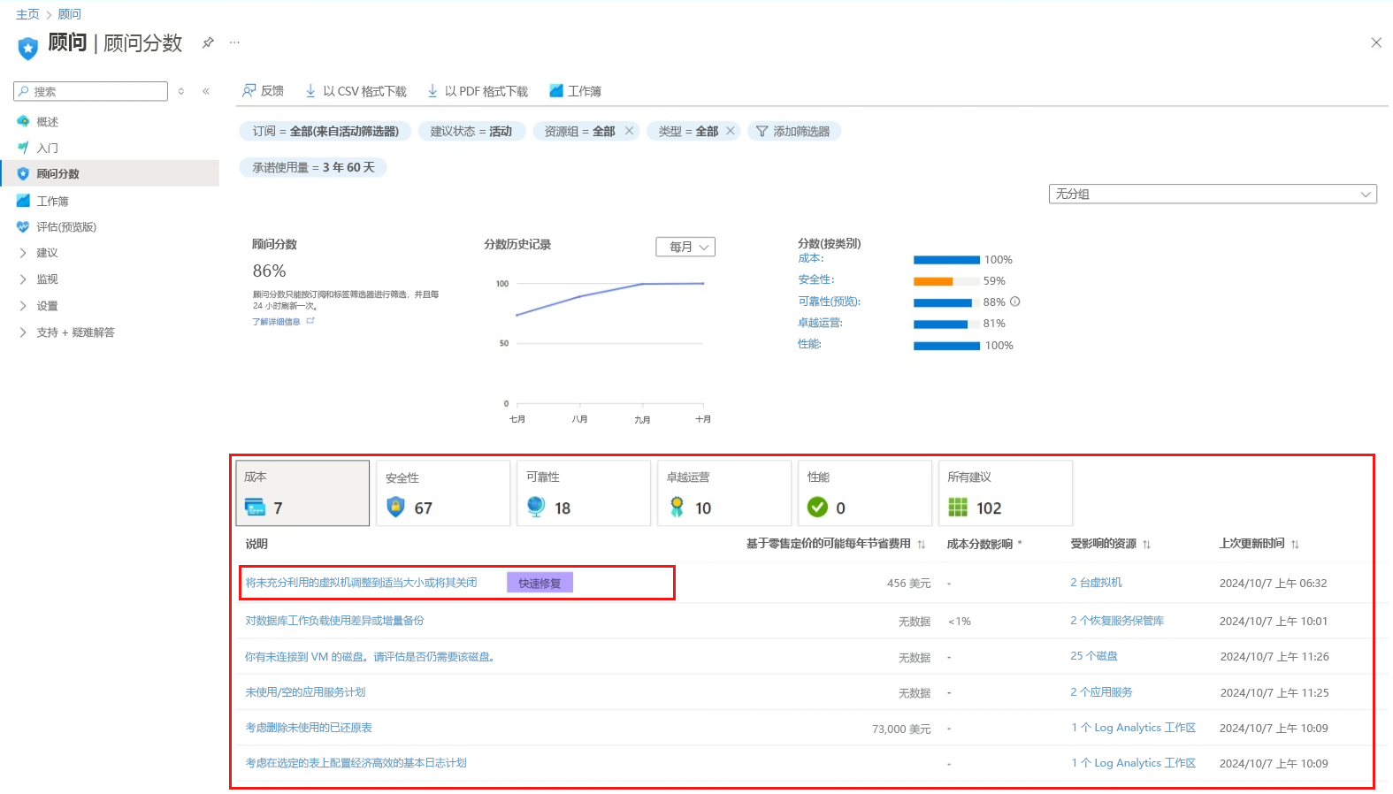 Screenshot showing how to select a recommendation from the Advisor Score page.