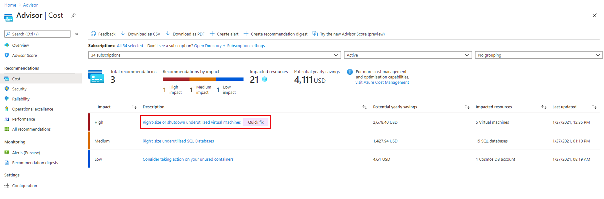 Screenshot showing how to select a recommendation from the Advisor Cost page.