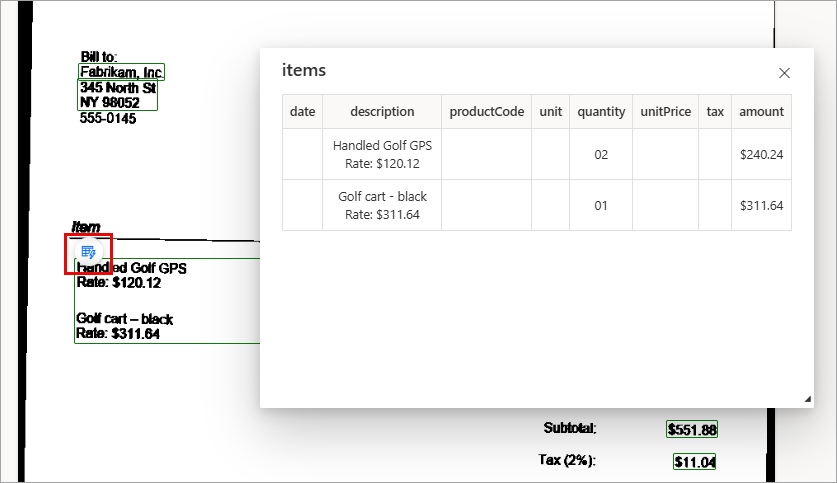 突出显示表图标以及 AI Builder 生成的名为“items”的表的预览版的屏幕截图。