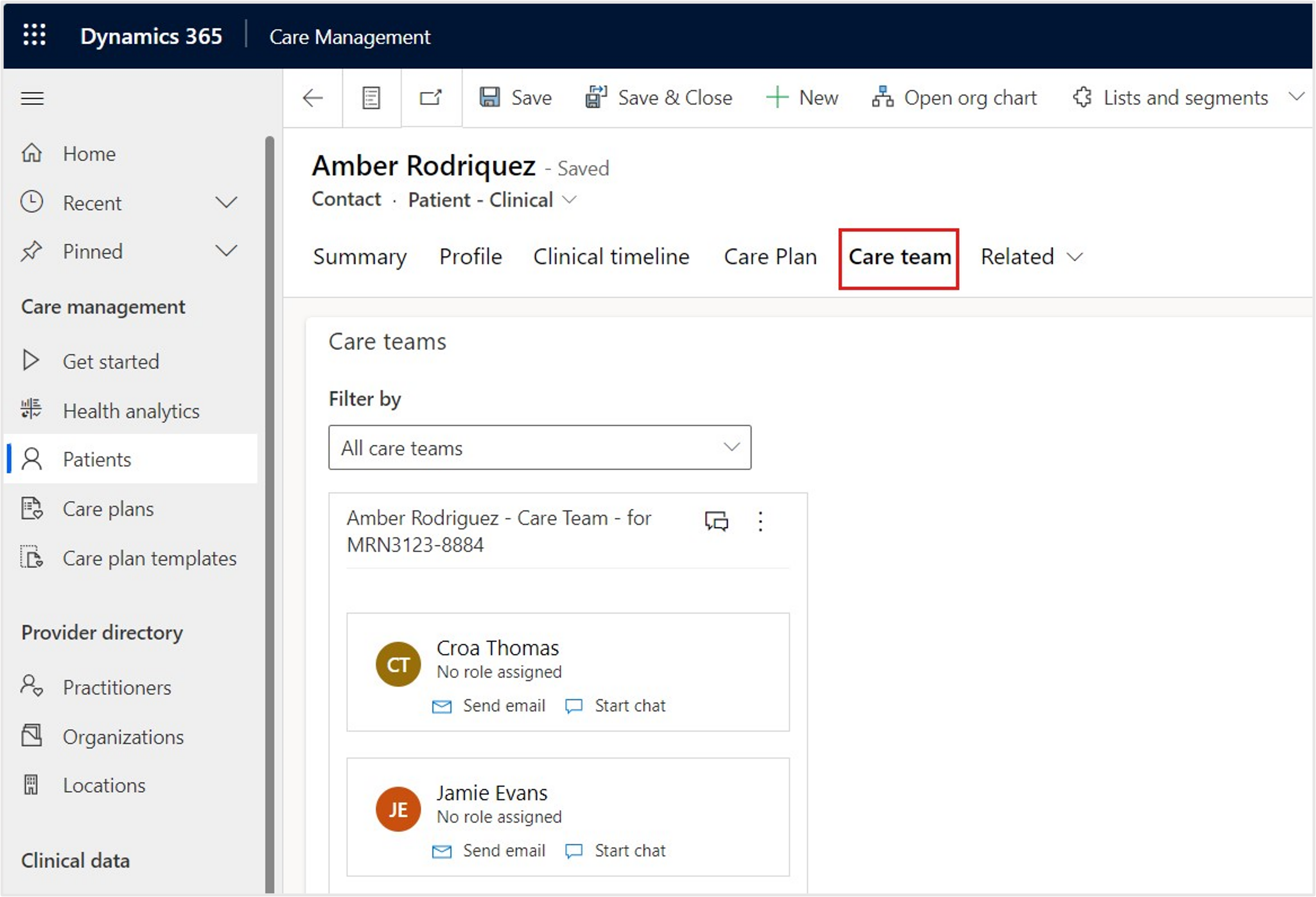 Screenshot of the Care Team tab.