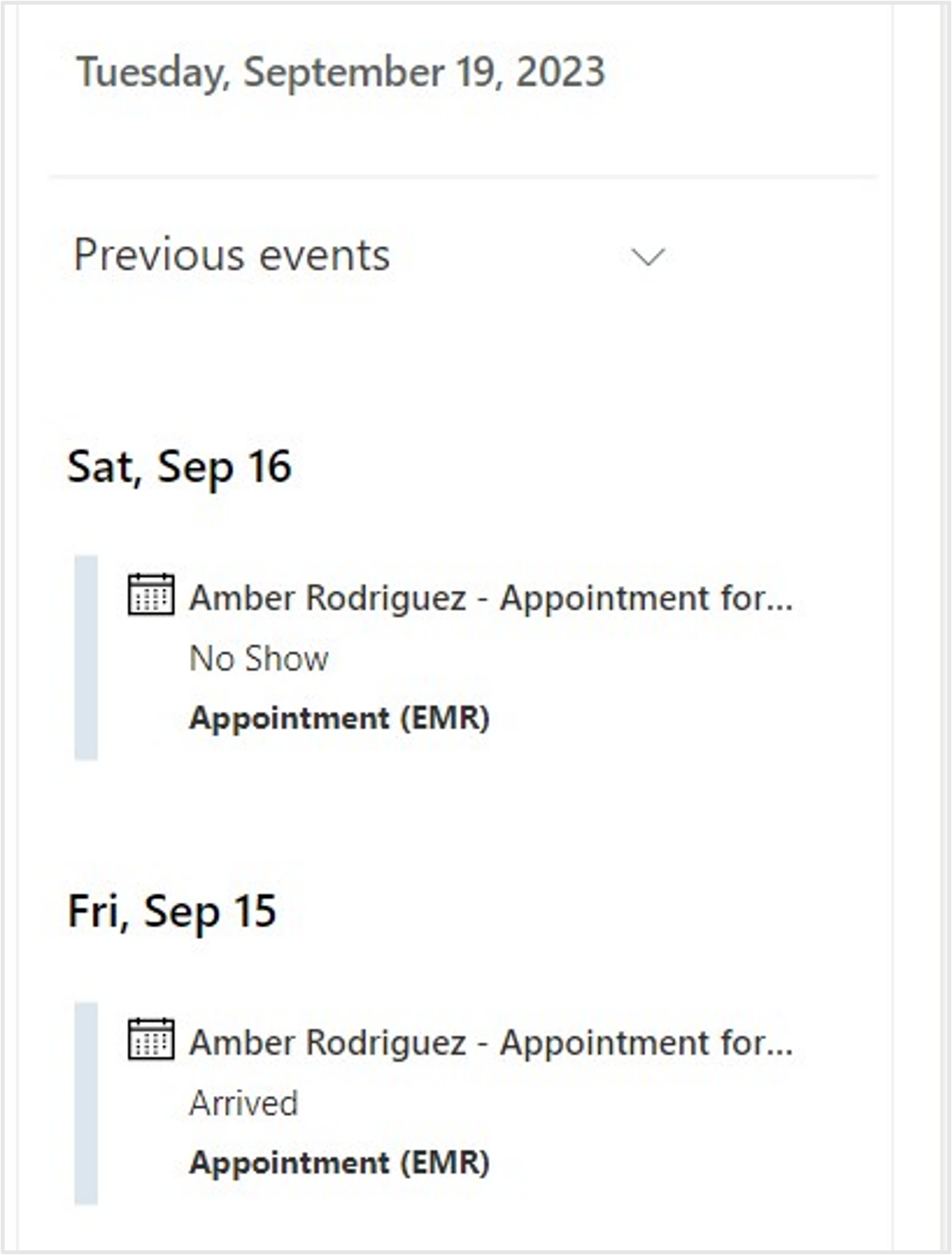 Screenshot of previous patient events.
