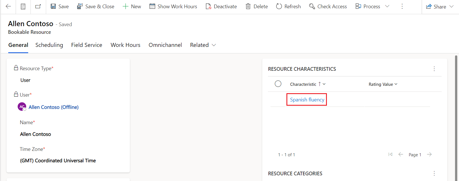 Screenshot of the bookable resource record with working hours.