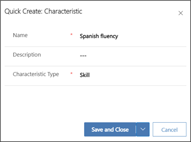 Screenshot of the quick create characteristic record for spanish fluency.