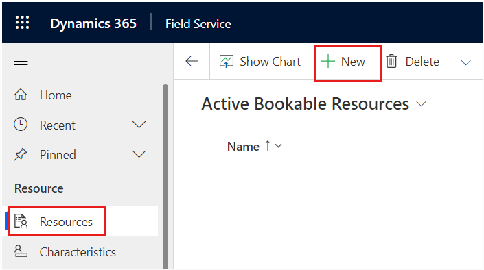 Screenshot of the New button to create a new bookable resource.