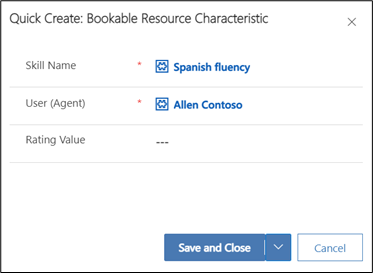 Screenshot of save and close on the bookable resource characteristic quick create form.