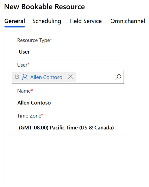 Screenshot of Resource Type set as User and the set time zone.