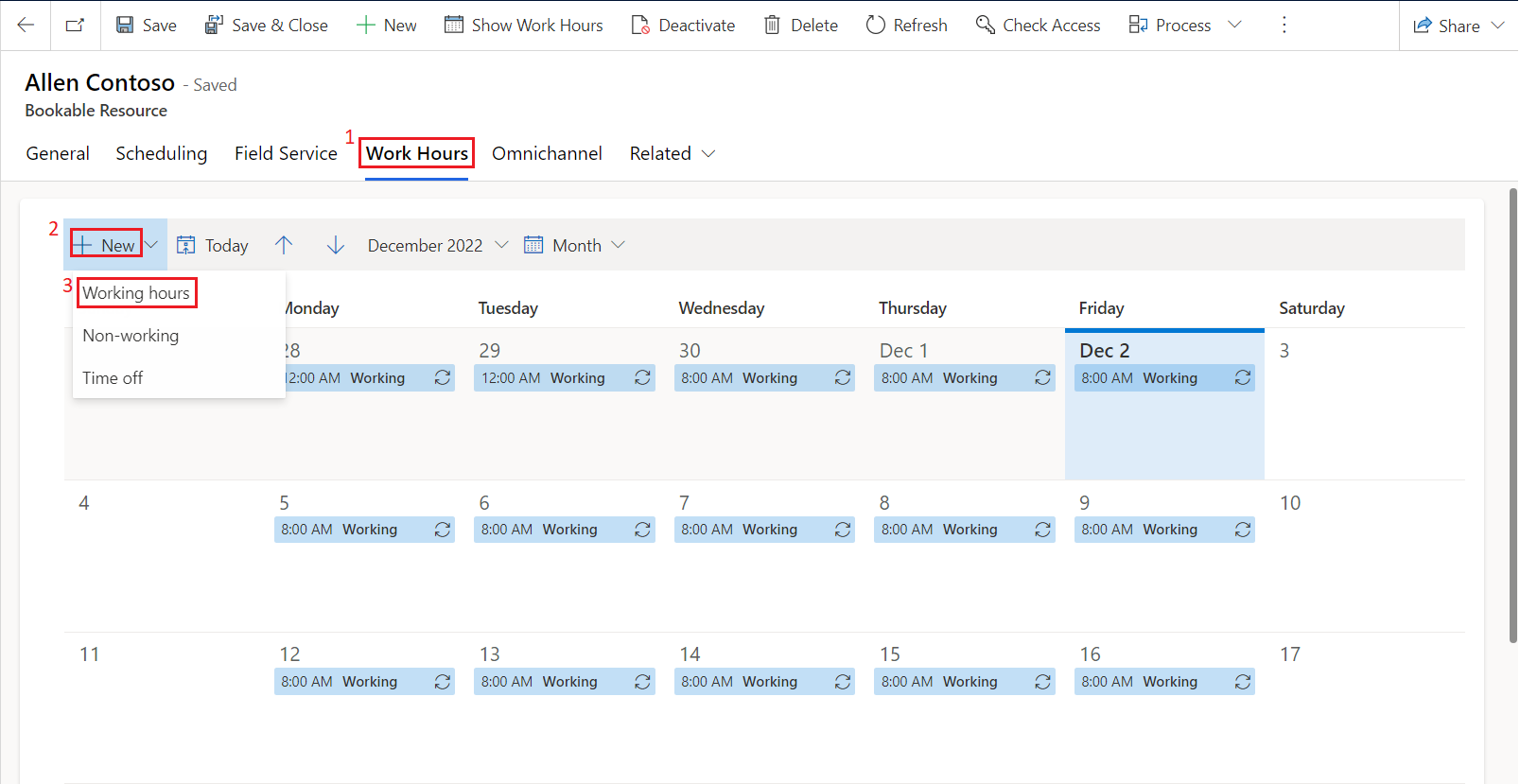 Screenshot of the New dropdown menu, with the Working hours option highlighted.