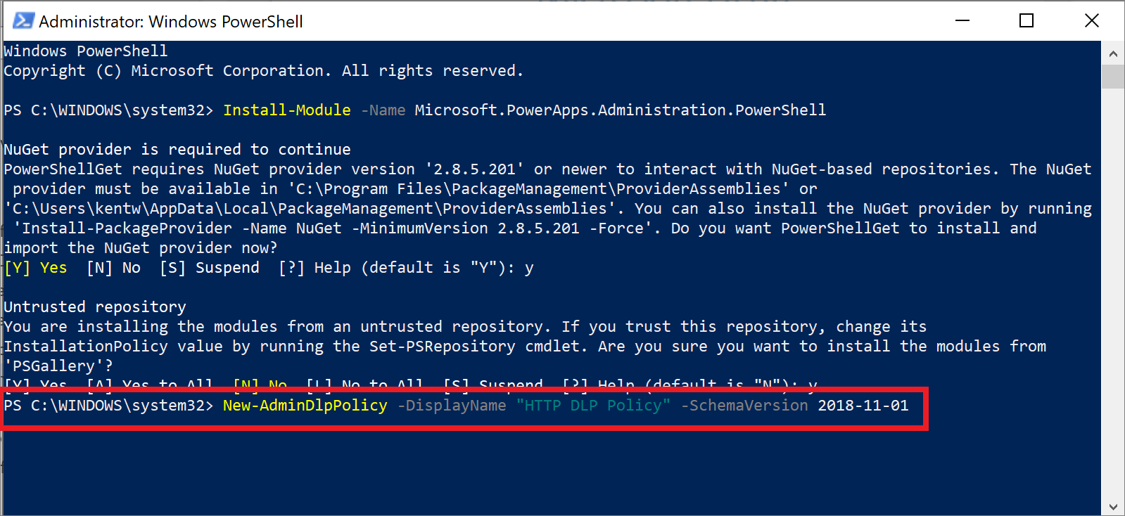 PowerShell HTTP DLP 策略屏幕截图。