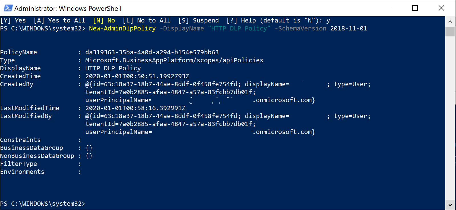 PowerShell 结果屏幕截图，其中显示 PolicyName、Type、DisplayName、CreatedTime、CreatedBy 和其他属性。