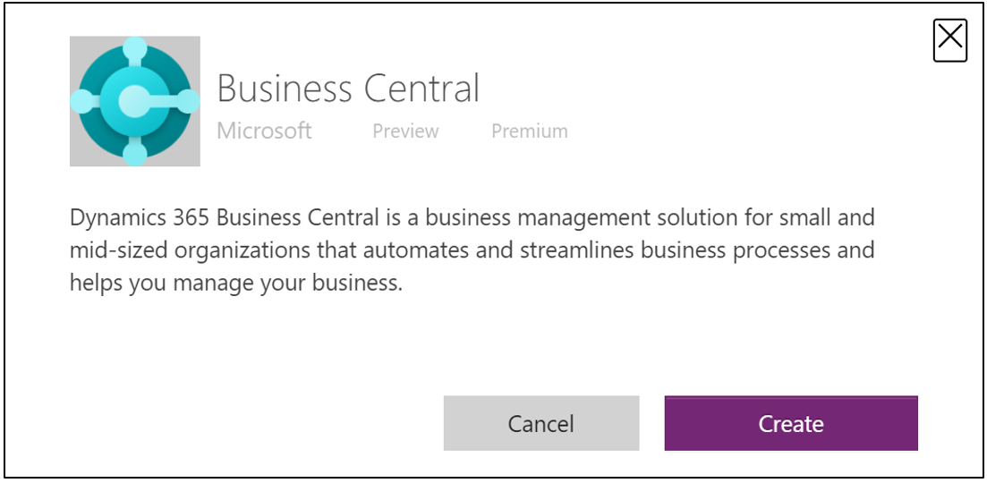 具有“创建”按钮的 Business Central 连接器的屏幕截图。
