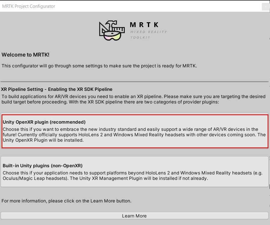 选择了 OpenXR 的 MRTK 项目配置器窗口的屏幕截图。