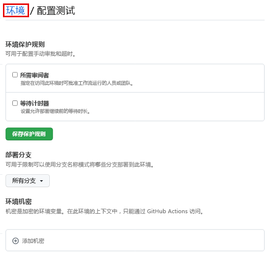 名为 Test 的新环境的 GitHub 页面的屏幕截图，其中包含“环境”链接。