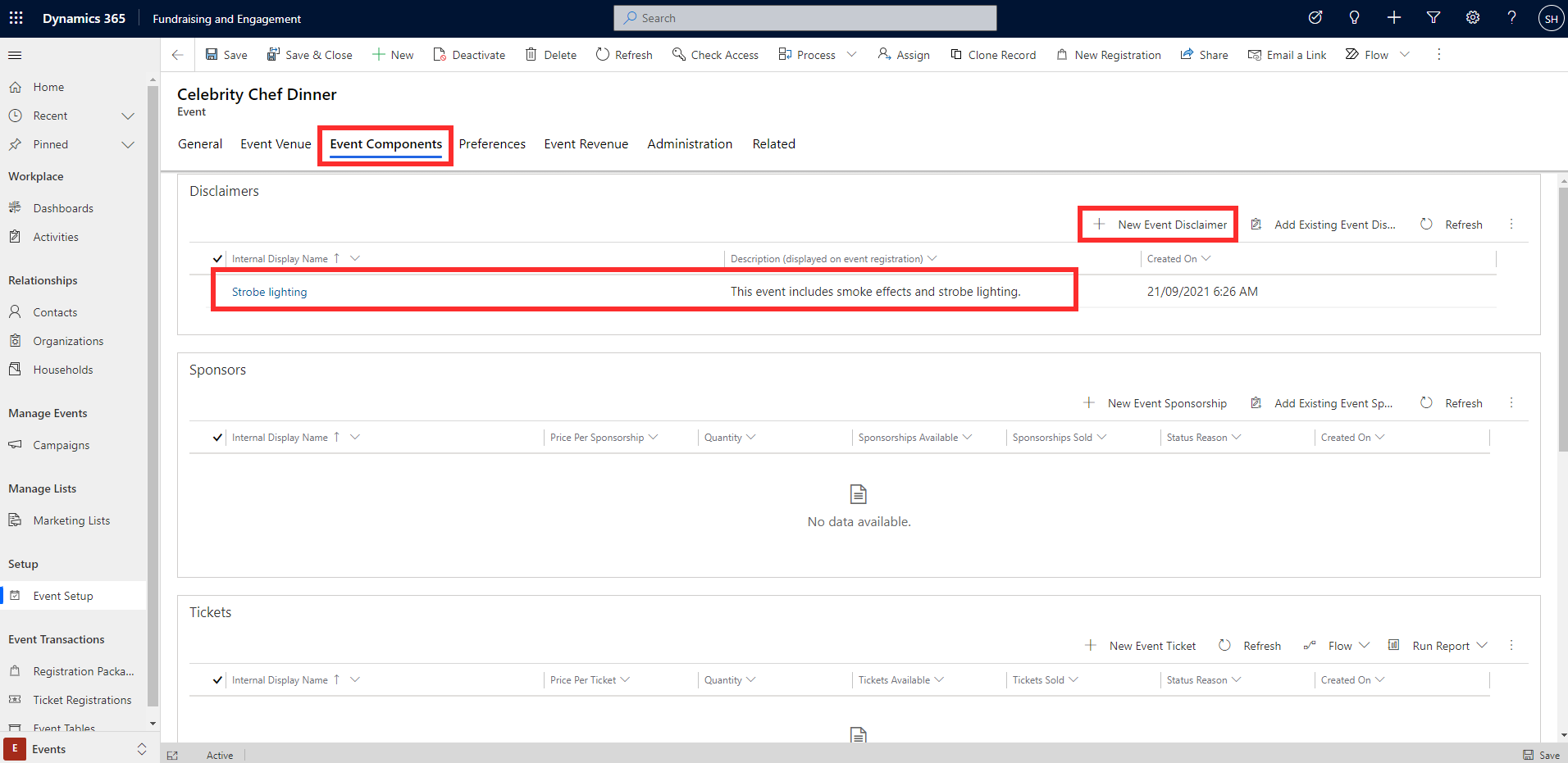 Screenshot of the event components tab with display name and new event disclaimer button highlighted.