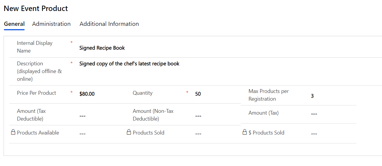 Screenshot of the new event product general information.