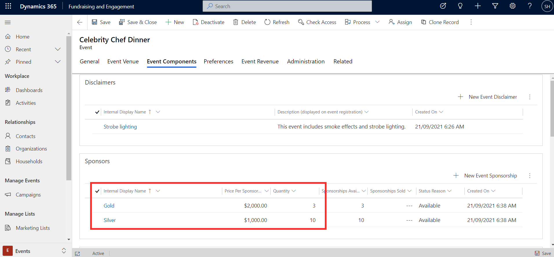 Screenshot of two sponsorships set up for the event.