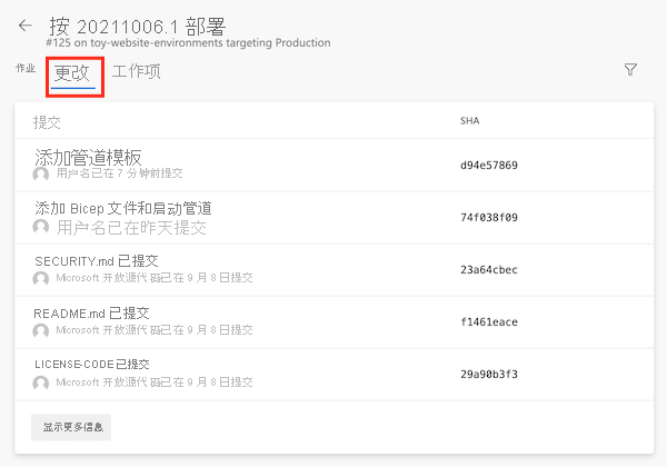 Azure Pipelines 的屏幕截图，其中显示了生产环境的部署详细信息，其中包含提交列表。