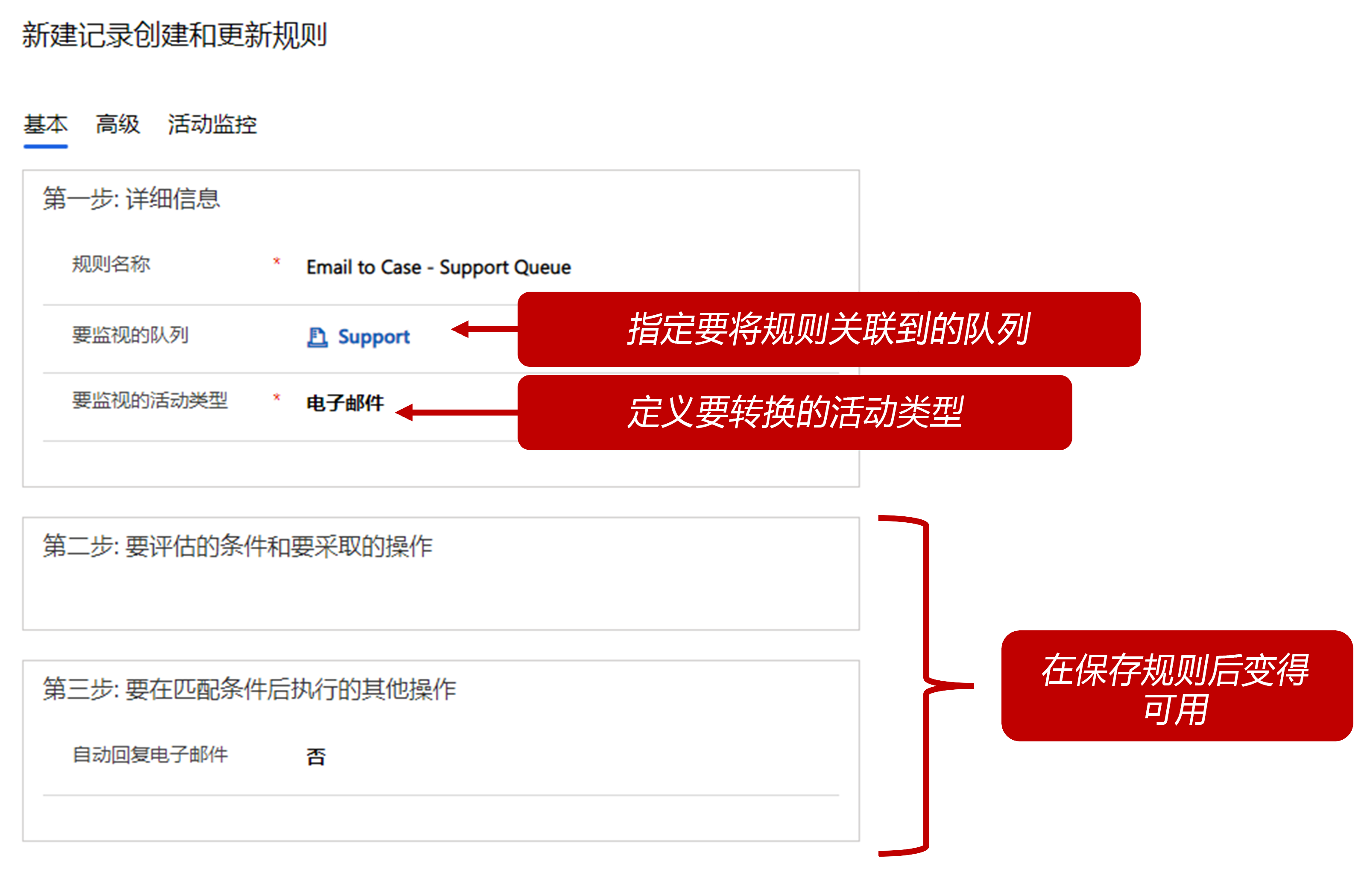 ‘新建记录创建和更新规则项’窗口的屏幕截图。