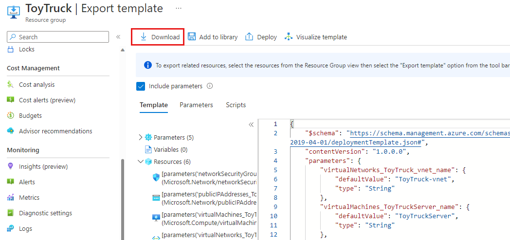 显示导出的资源组 JSON 模板的 Azure 门户的屏幕截图，其中突出显示了“下载”按钮。