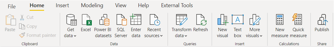 显示 Power BI 主菜单上的“开始”选项卡和“发布”按钮的屏幕截图。
