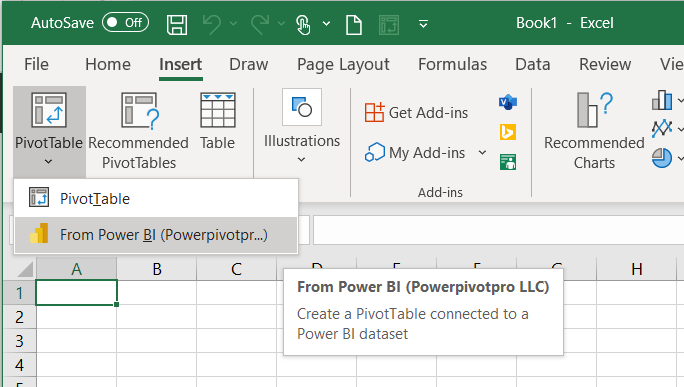 “插入”选项卡的屏幕截图,其中显示了“数据透视表”按钮和“来自 Power BI”。