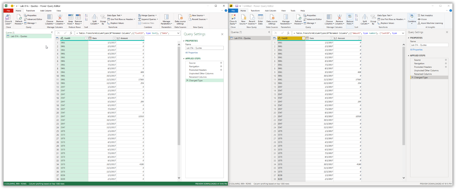 左侧的 Excel Power Query 编辑器和右侧的 Power BI Desktop Power Query 编辑器的屏幕截图。