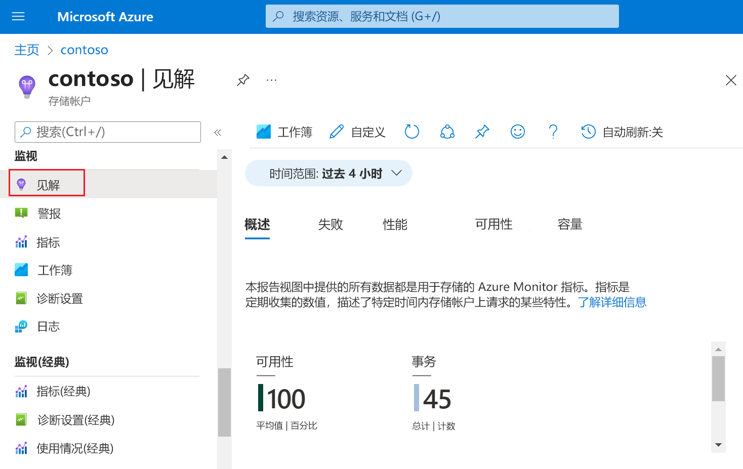 Screenshot of storage Insights in the Azure portal.