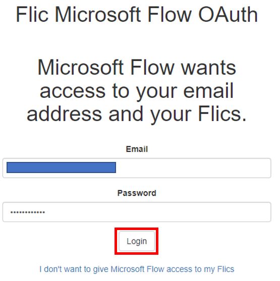 Flic 连接器电子邮件密码的屏幕截图。