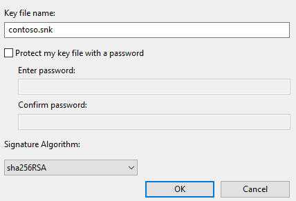 “新建密钥文件”对话框，输入 contoso.snk 作为密钥文件名。