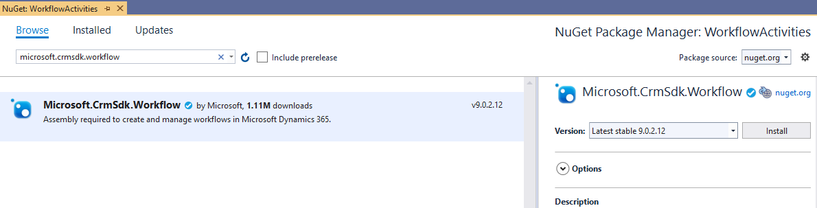 NuGet 软件包管理器，显示 Microsoft.CRMSDK.Workflow assembly 程序集。