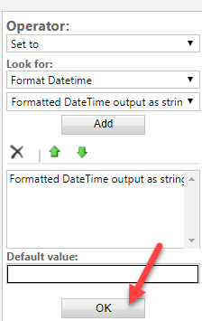 格式化日期时间输出作为列表中的字符串，带有指向“确定”按钮的箭头。