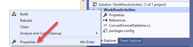 右键单击的 WorkflowActivities 项目，突出显示属性选项。