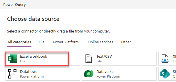 选中的“Excel 工作簿”选项的屏幕截图。