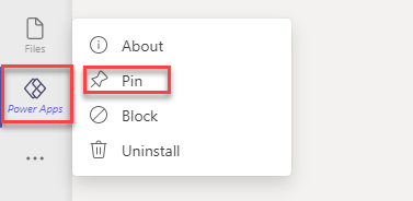 将 Power Apps 应用程序固定到导航栏的屏幕截图。