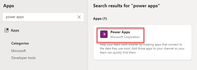 选择 Power Apps 应用程序的屏幕截图。