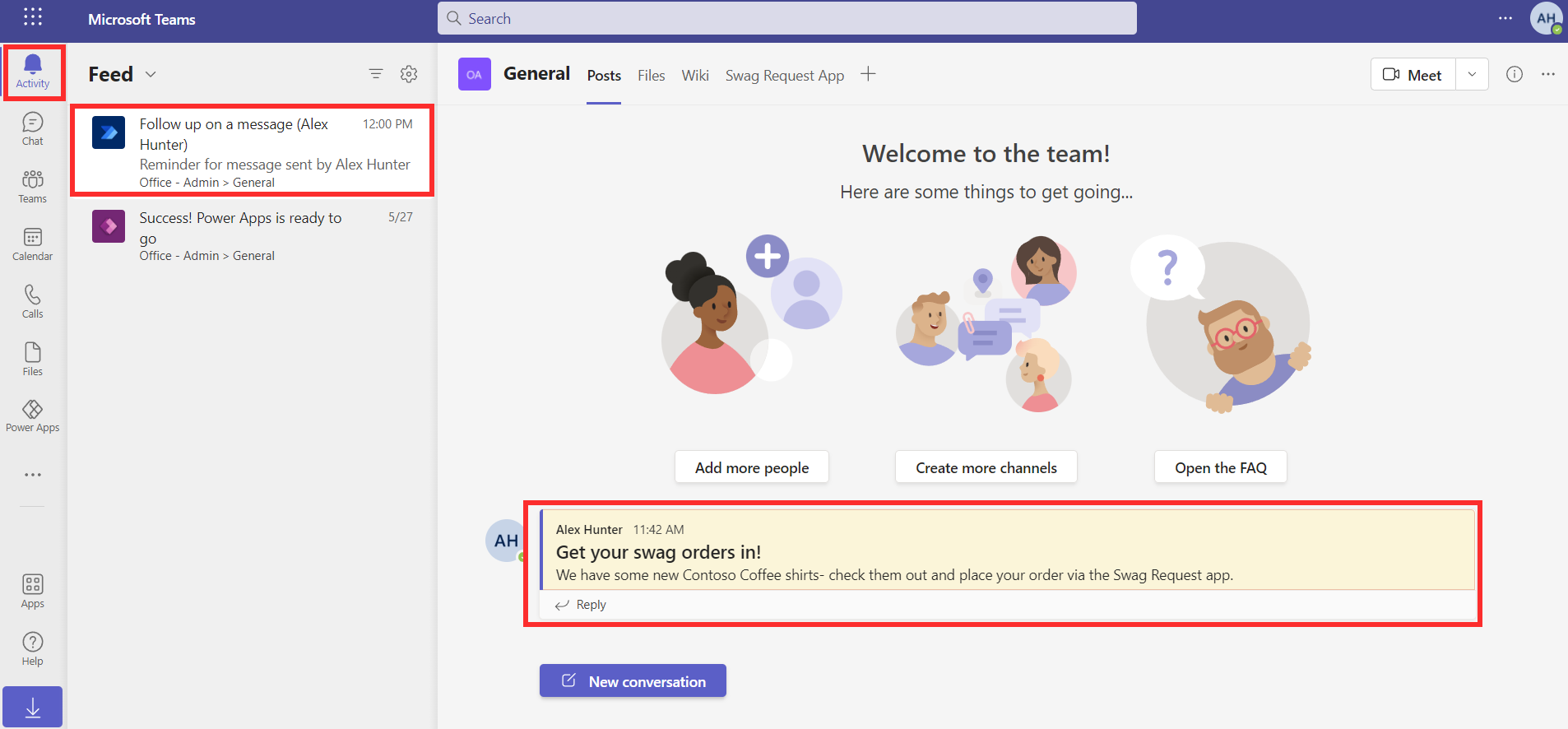 Teams 中通知消息提醒的屏幕截图。