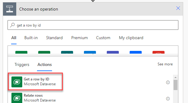 选择“按 ID 获取行”操作的屏幕截图。