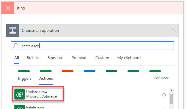 在 Microsoft Dataverse 中查找并选择“更新行”的屏幕截图。