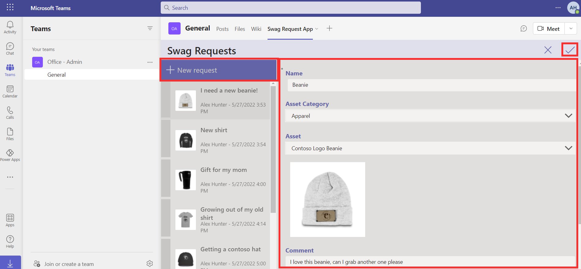 用于提交新请求的 Teams 中的 Swag Request App 的屏幕截图。