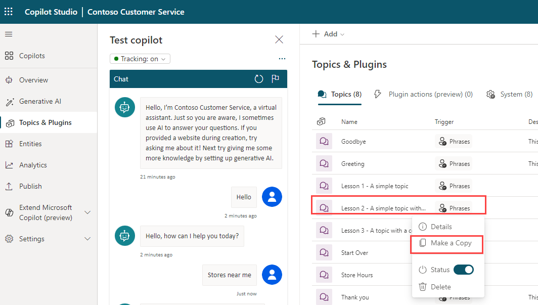 Microsoft Copilot Studio Contoso Customer Service 的屏幕截图,其中选择了“更多操作”图标并突出显示了“制作副本”。