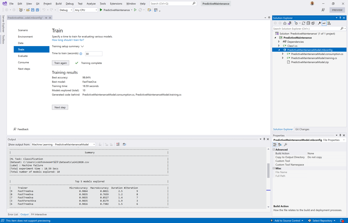 显示在何处跟踪预测性维护分类模型训练的屏幕截图。