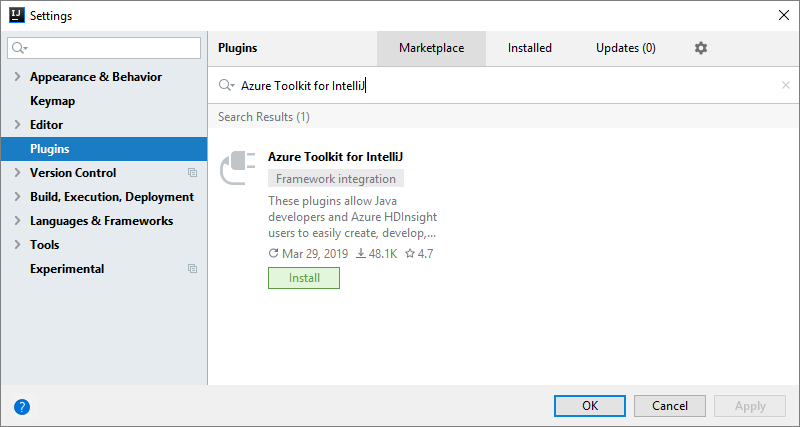 IntelliJ IDEA 屏幕截图，上面的“设置”窗口中已选择“插件”部分且显示了 Azure Toolkit for IntelliJ 的搜索结果。