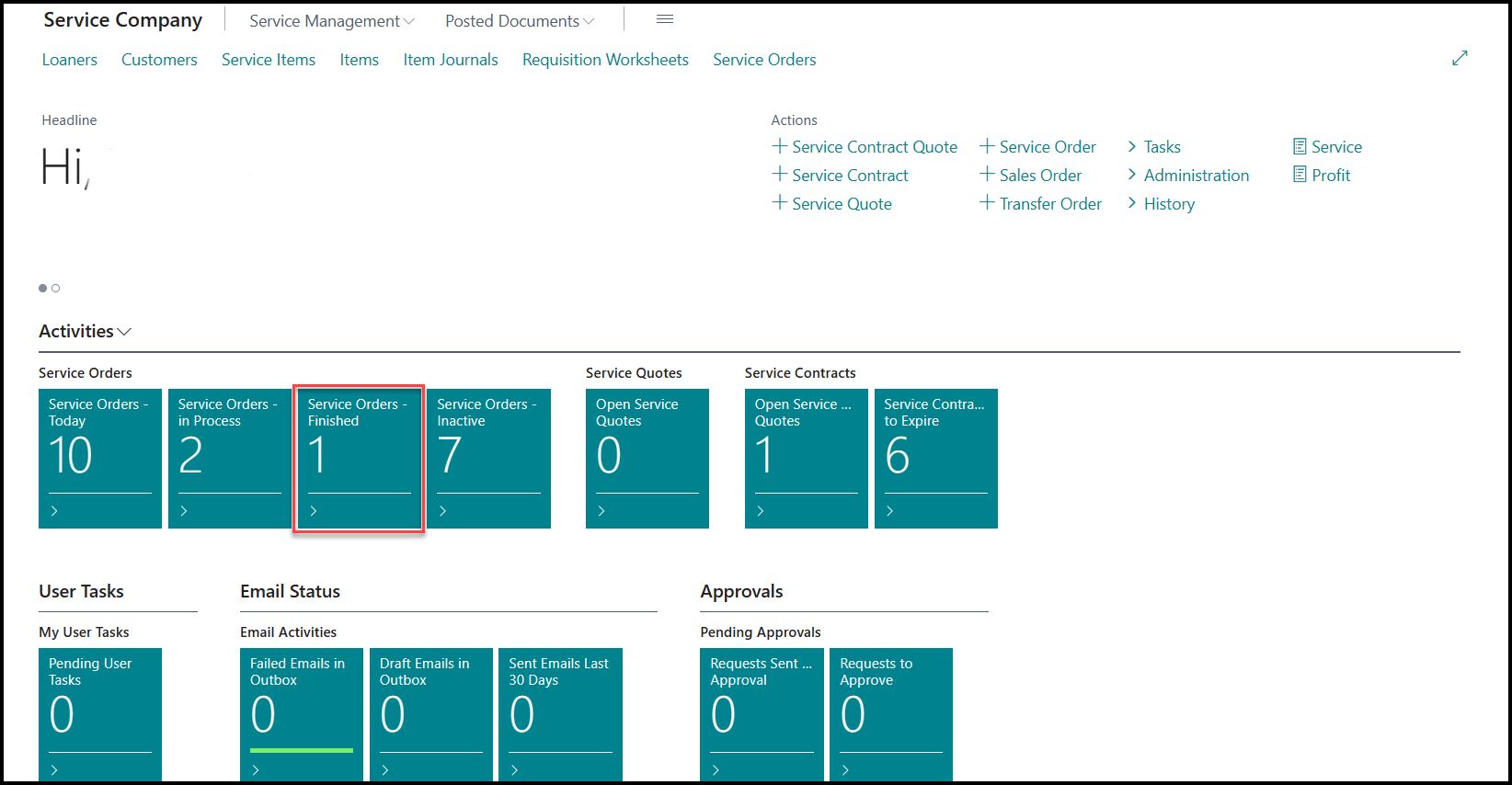 角色中心的屏幕截图,其中显示了“服务订单 - 已完成”磁贴。