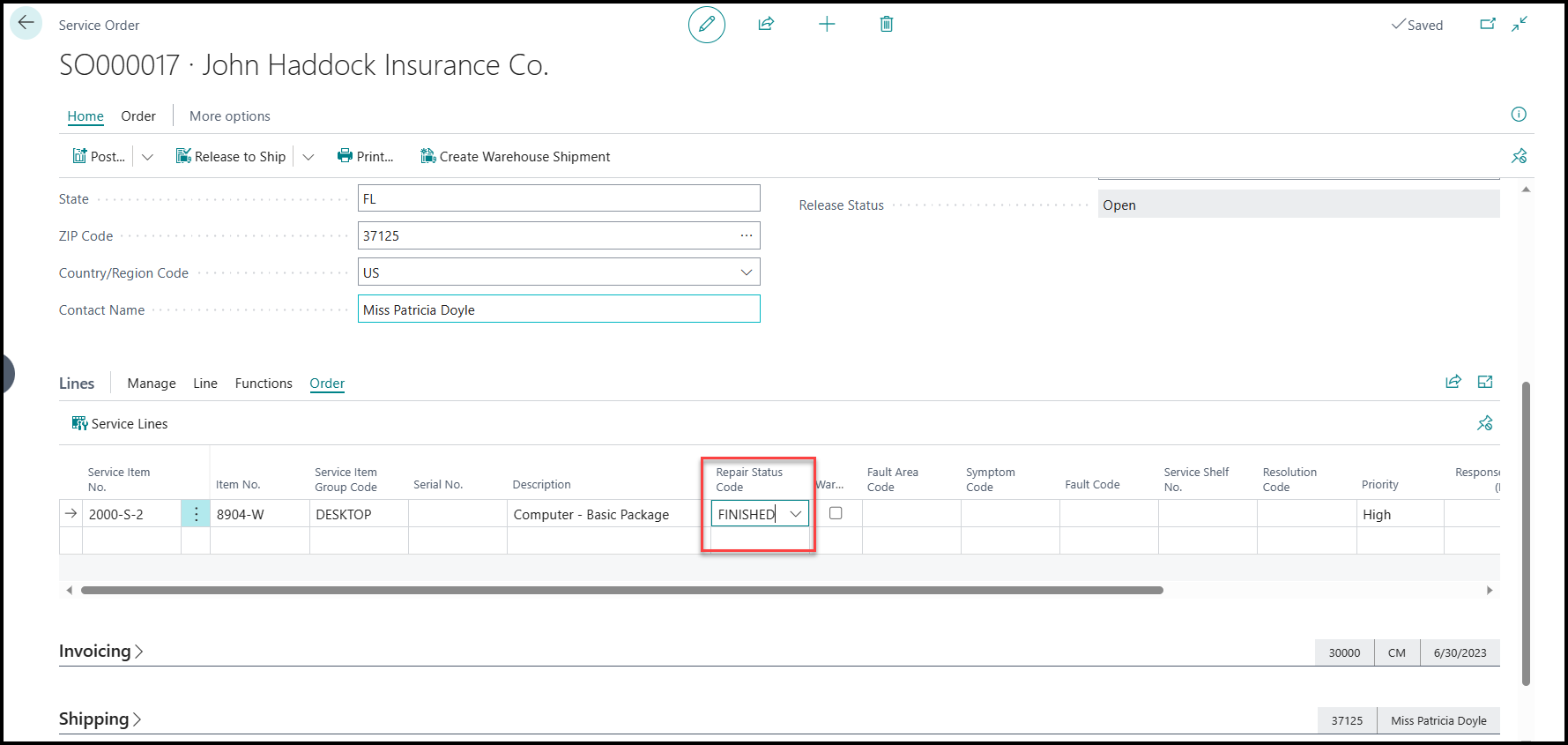 服务订单标记为“已完成”的屏幕截图。